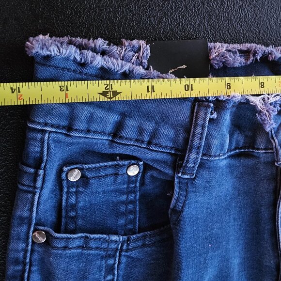 Just Q Aroma Design Women's Blue Destressed Fringe Waist Skinny Jeans Size L - Picture 8 of 16